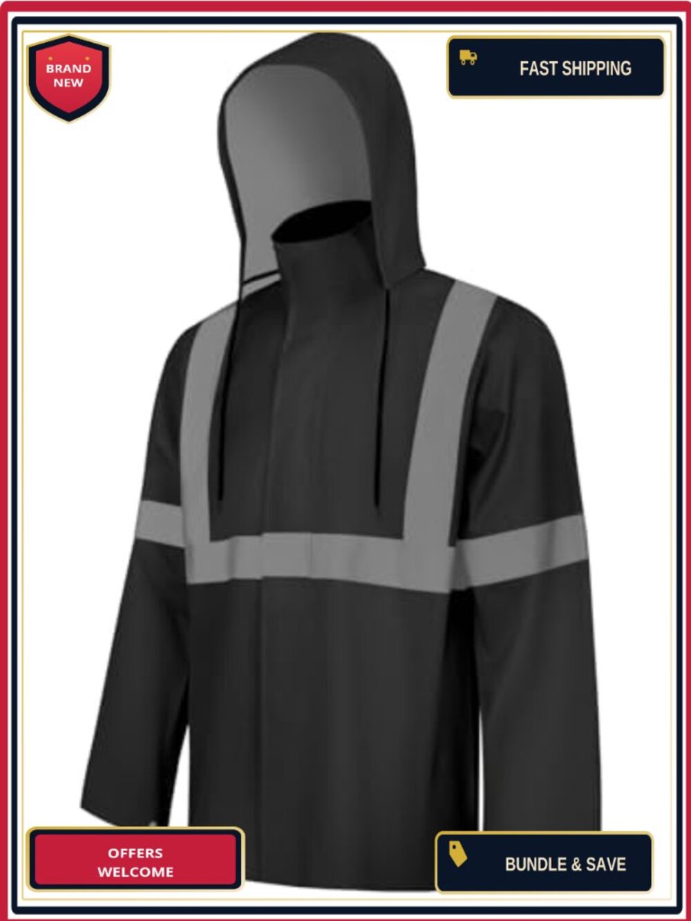 High Visibility Waterproof Rain Jacket Hooded Reflective Oxford Polyester